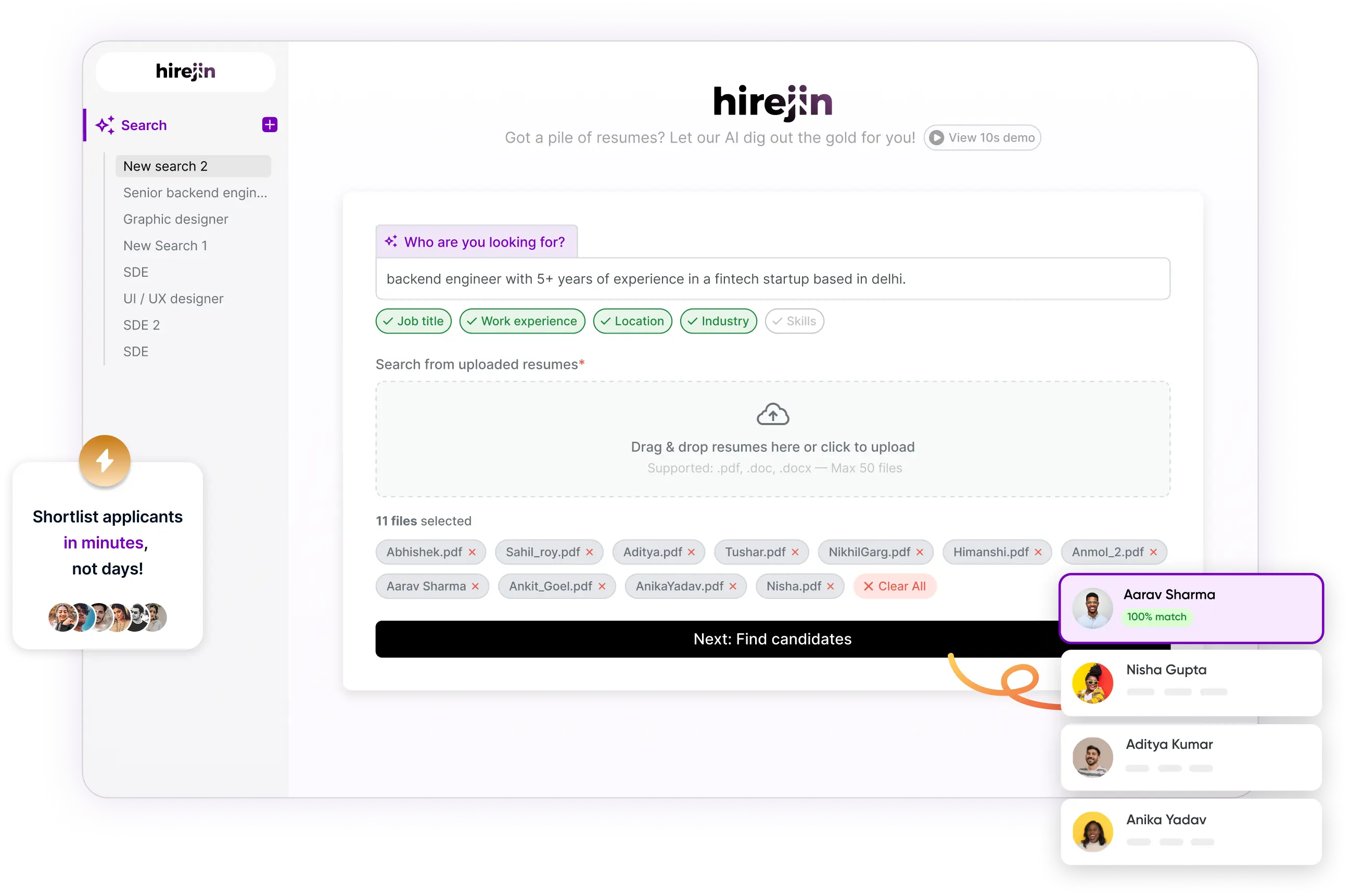 HireJin Product Demo - Resume Screening Interface